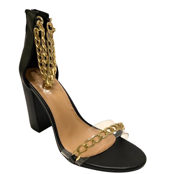 Nicole Miller Women Block Heel Black & Gold Ankle Chain Sandals Size 6 Back Zip - Picture 7 of 10
